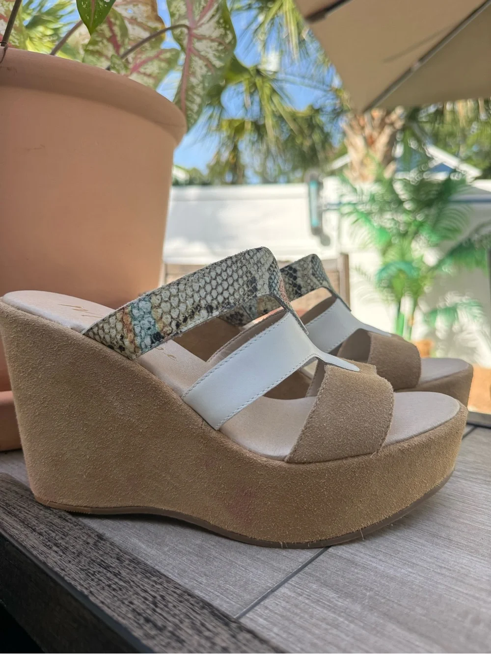 Women's Taupe Suede Wedge Sandals with White & Snake-Print Straps